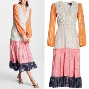 SALONI Devon Colorblock Embroidery Sequin Silk Midi Dress Multi Size 4